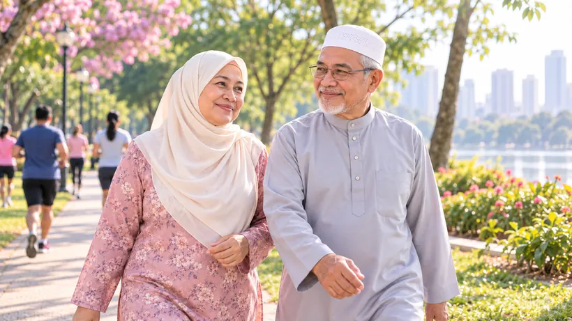 Pasangan berjalan di taman