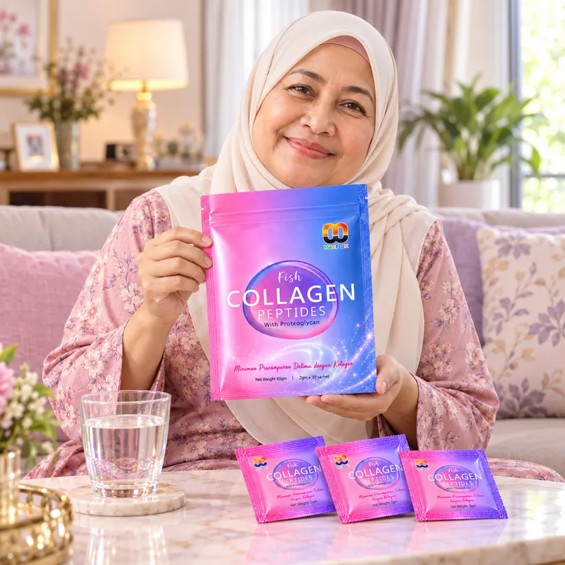 Mak cik memegang pouch Maxplux di rumah